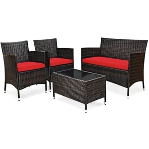 Pemberly Row 4PCS Patio Set Cushioned Sectional Sofa Chair Coffee Table in Red