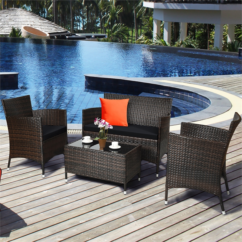 Pemberly Row 4PCS Patio Set Cushioned Sectional Sofa Chair Coffee Table in Black