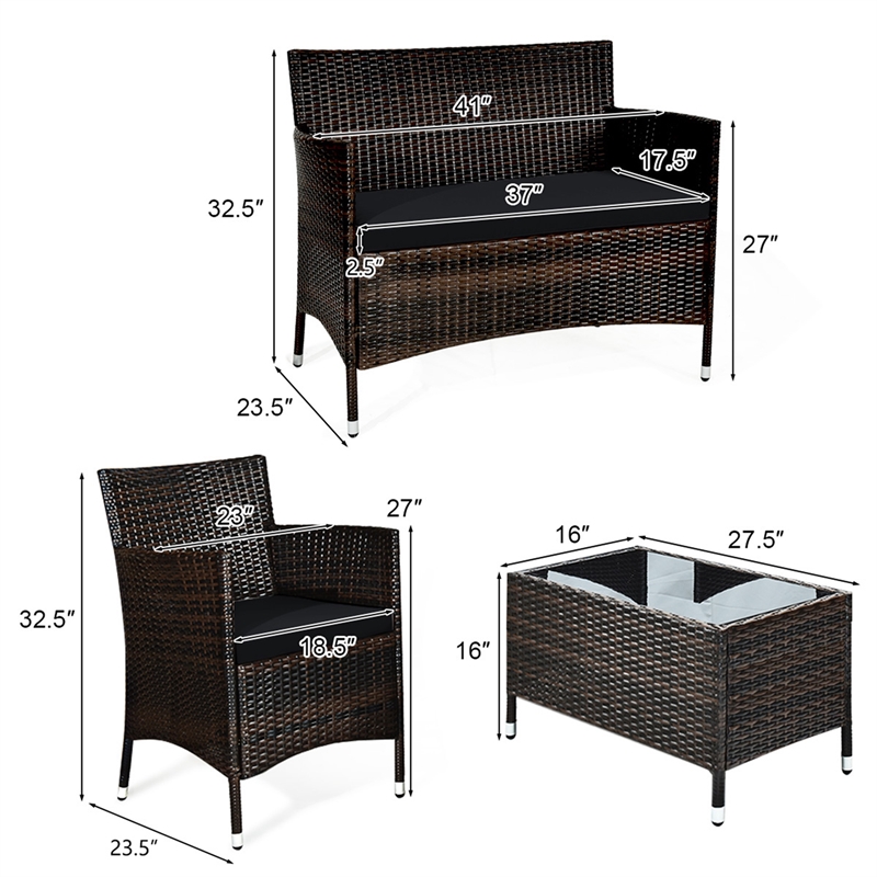 Pemberly Row 4PCS Patio Set Cushioned Sectional Sofa Chair Coffee Table in Black