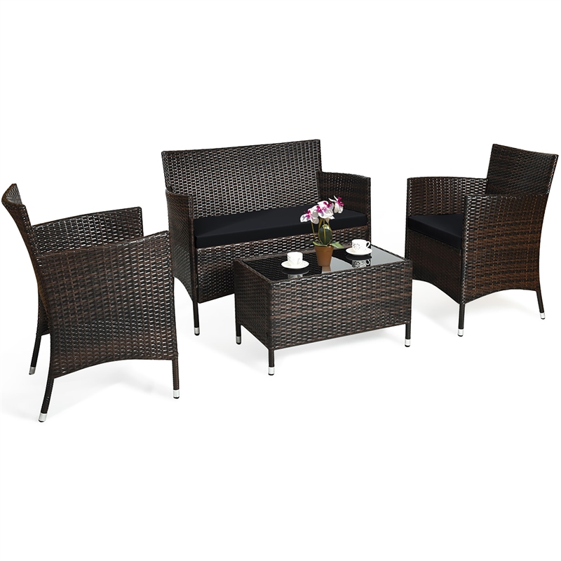 Pemberly Row 4PCS Patio Set Cushioned Sectional Sofa Chair Coffee Table in Black