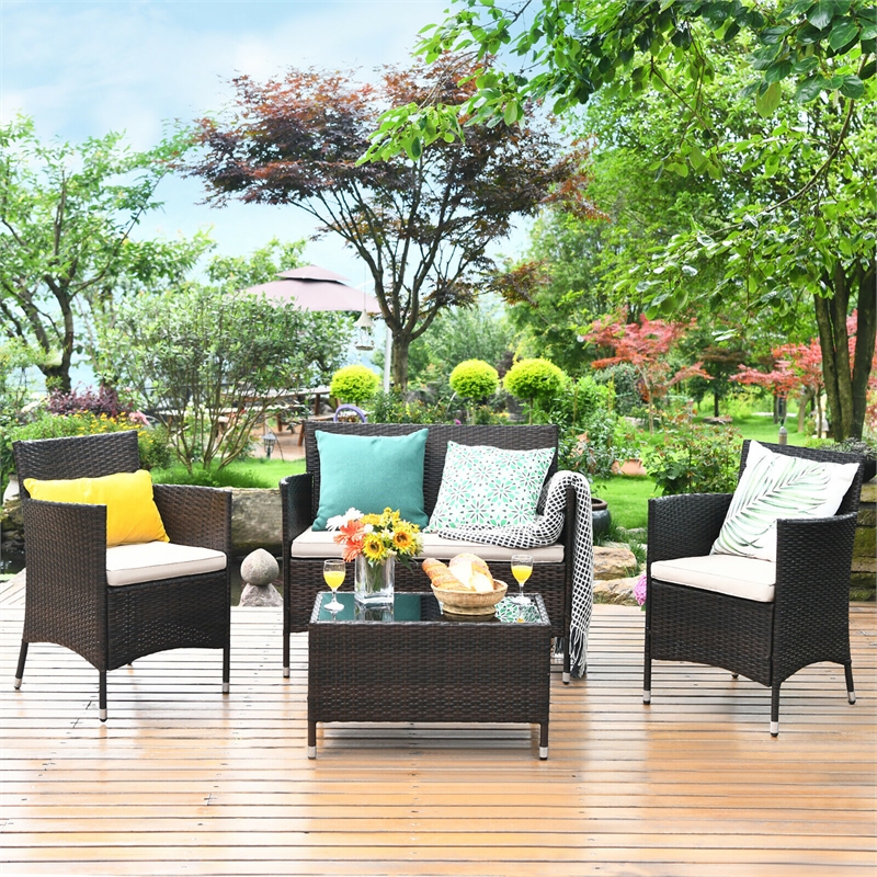 Pemberly Row 4PCS Patio Set Cushioned Sectional Sofa Chair Coffee Table in Brown