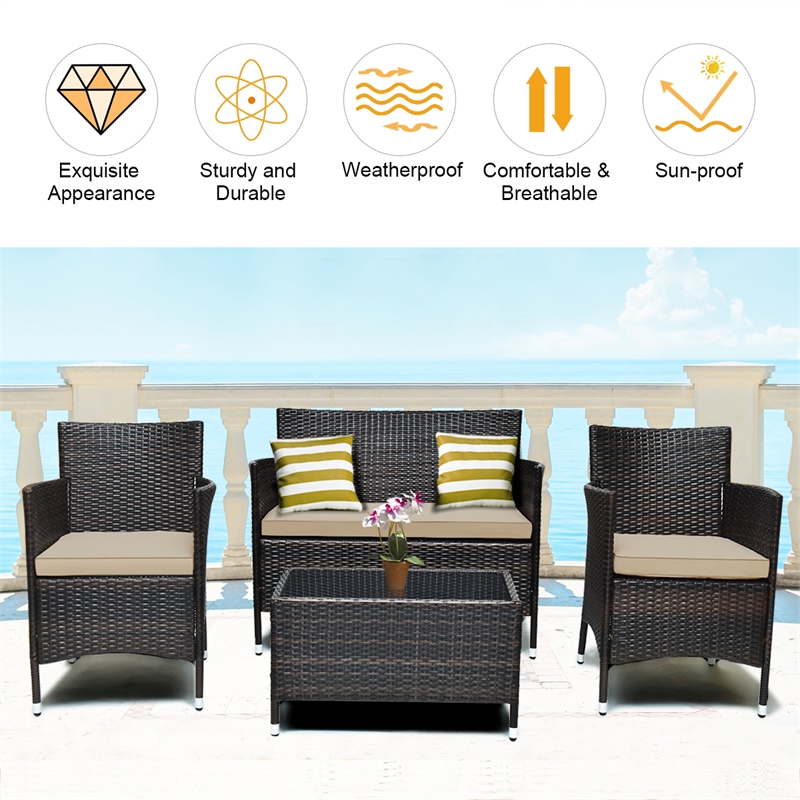 Pemberly Row 4PCS Patio Set Cushioned Sectional Sofa Chair Coffee Table in Brown