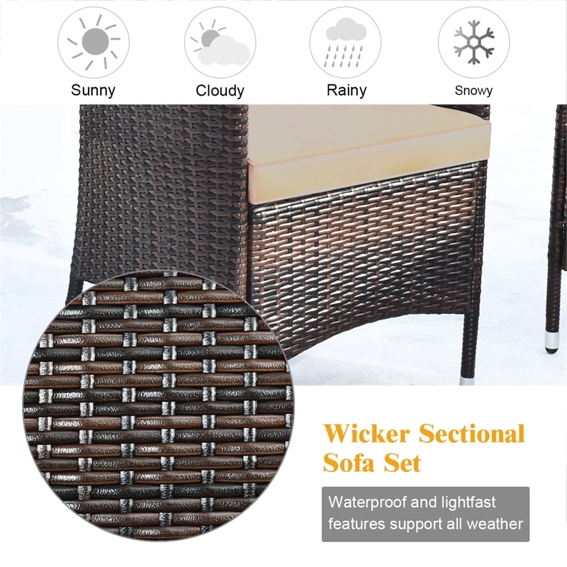 Pemberly Row 4PCS Patio Set Cushioned Sectional Sofa Chair Coffee Table in Brown