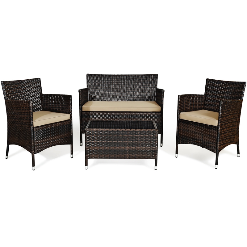 Pemberly Row 4PCS Patio Set Cushioned Sectional Sofa Chair Coffee Table in Brown