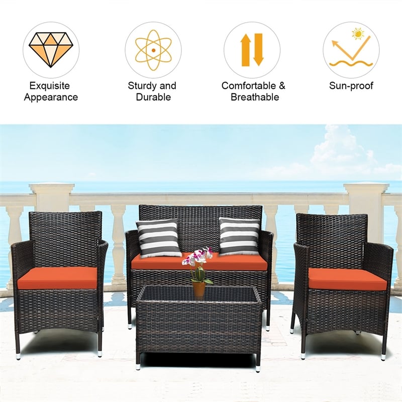 Pemberly Row 4PCS Patio Set Cushioned Sectional Sofa Chair Coffee Table - Orange