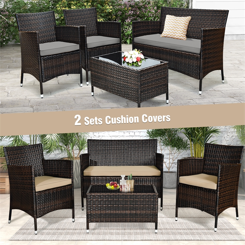 Pemberly Row 4PCS Patio Set Cushioned Sectional Sofa Chair Coffee Table