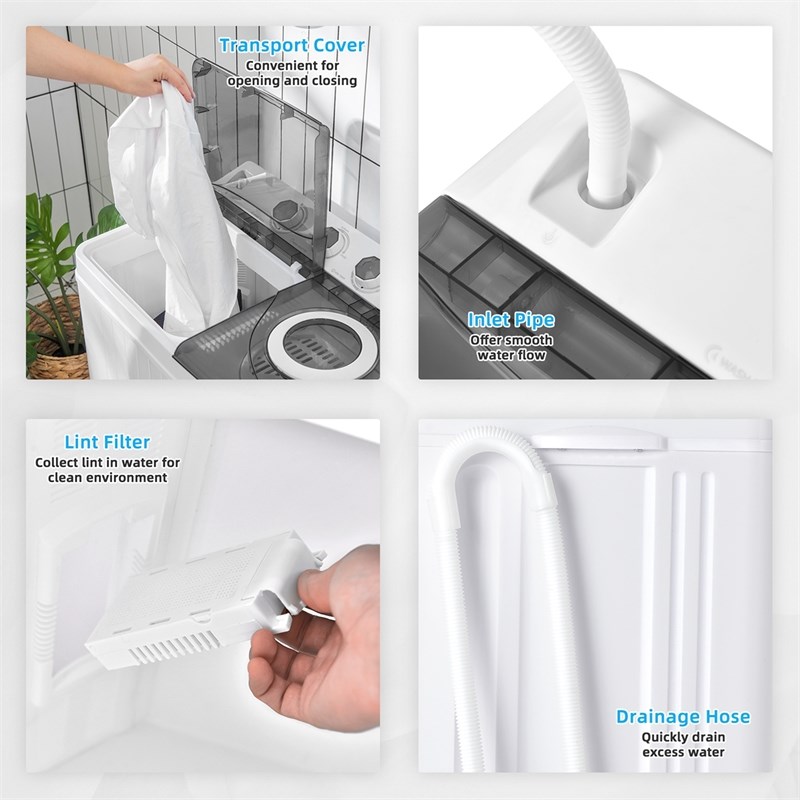 Pemberly Row 26lbs Portable Semi-automatic Twin Tub Washing Machine in Gray