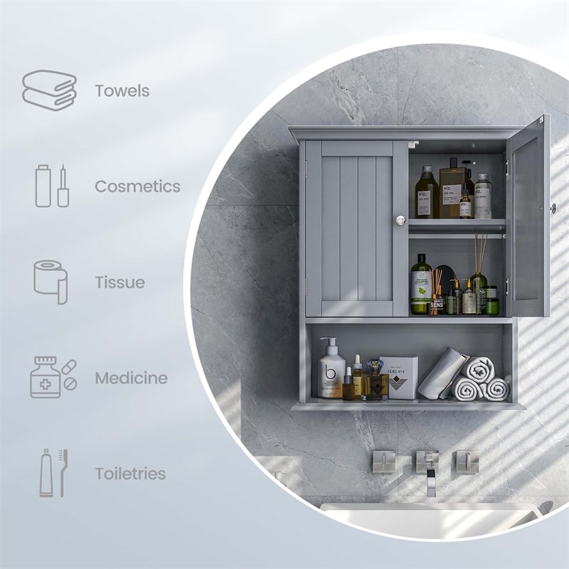 Pemberly Row Bathroom Wall Cabinet Medicine Storage Organizer w/ Shelf in Gray