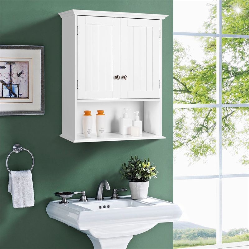 Pemberly Row Bathroom Wall Cabinet Medicine Storage Organizer w/ Shelf in White