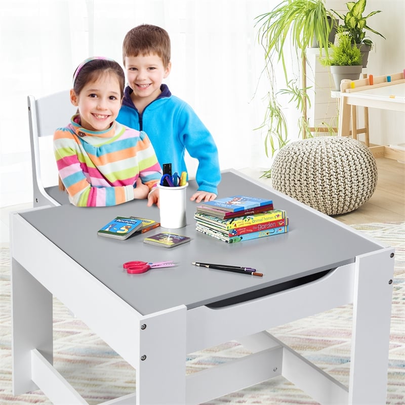 Pemberly Row Kids Table Chairs Set With Storage Boxes Blackboard Drawing in Gray
