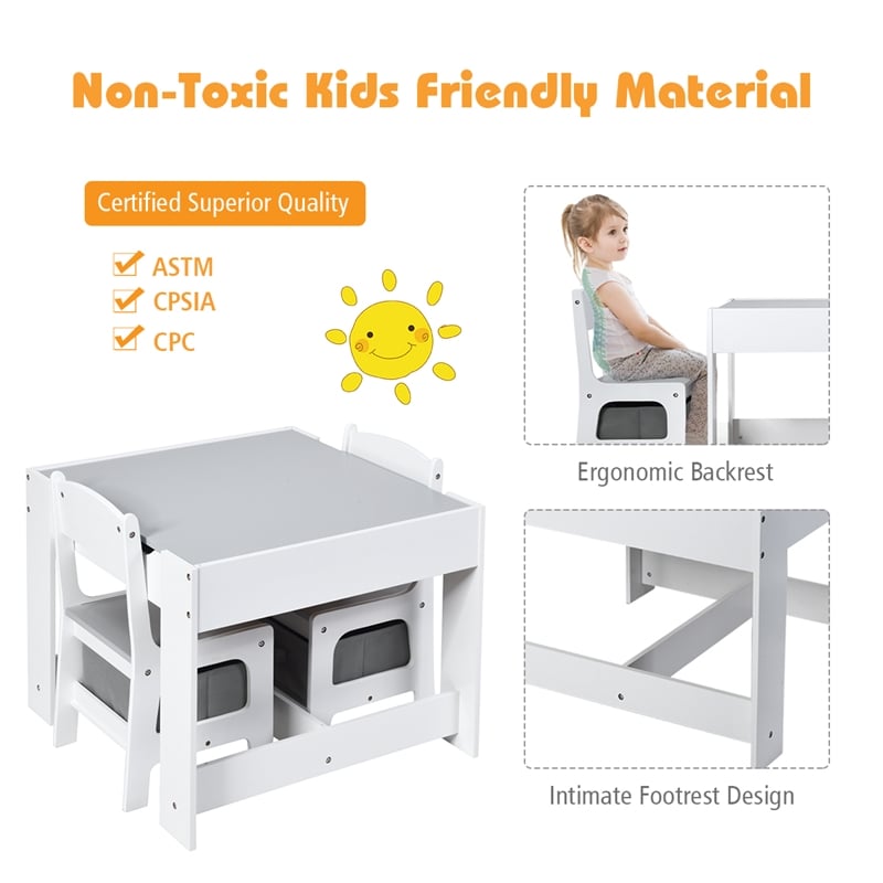 Pemberly Row Kids Table Chairs Set With Storage Boxes Blackboard Drawing in Gray