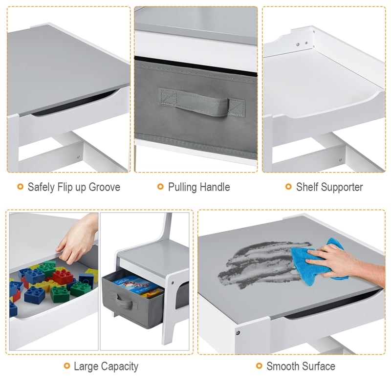 Pemberly Row Kids Table Chairs Set With Storage Boxes Blackboard Drawing in Gray