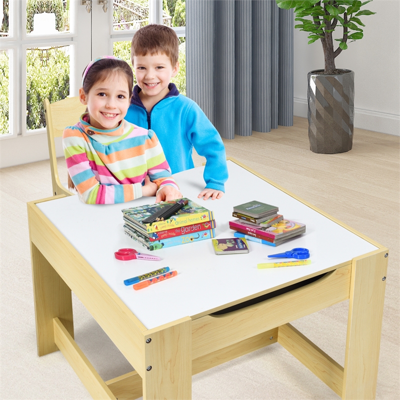 Pemberly Row Kids Table Chairs Set w/ Storage Boxes Blackboard Drawing - Natural