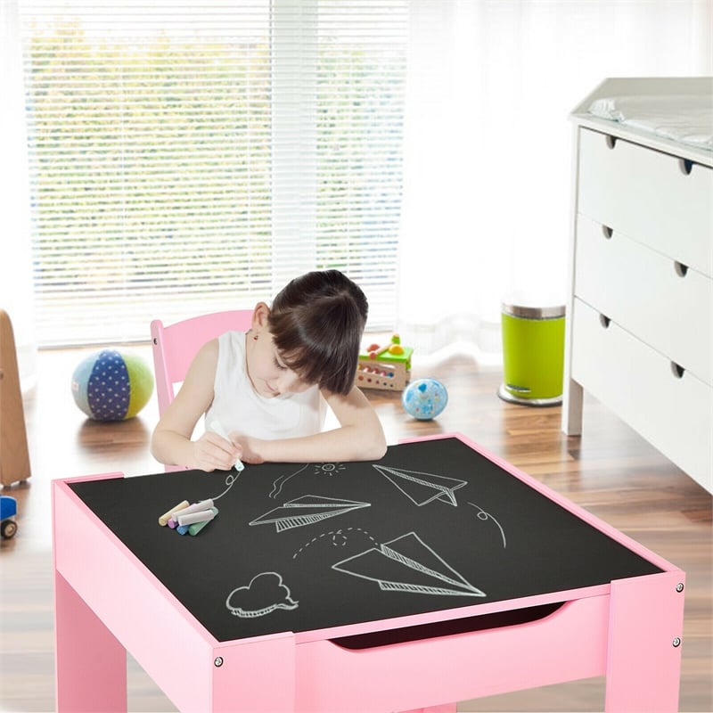 Pemberly Row Kids Table Chairs Set With Storage Boxes Blackboard Drawing in Pink