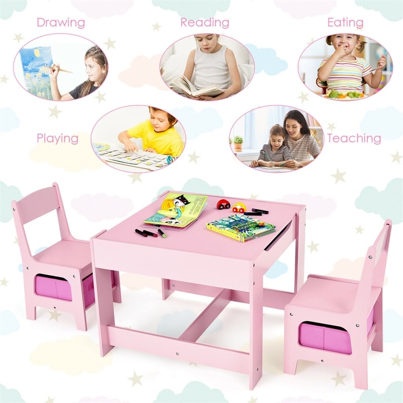Pemberly Row Kids Table Chairs Set With Storage Boxes Blackboard Drawing in Pink