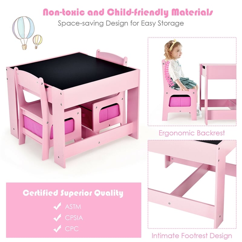 Pemberly Row Kids Table Chairs Set With Storage Boxes Blackboard Drawing in Pink