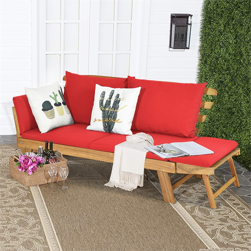 Pemberly Row Patio Convertible Sofa Daybed Wood Adjustable Furniture in Red