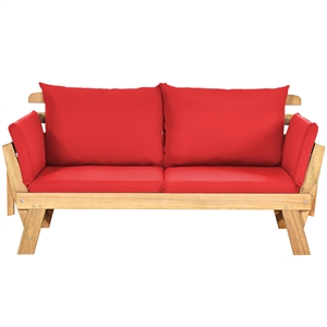 Pemberly Row Patio Convertible Sofa Daybed Wood Adjustable Furniture in Red