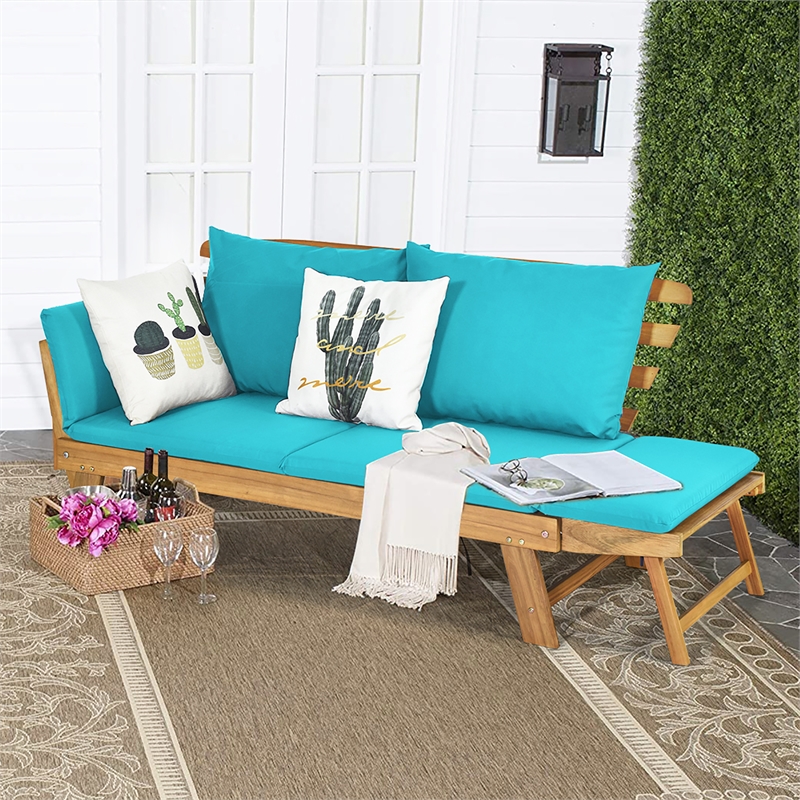 Pemberly Row Patio Convertible Sofa Daybed Wood Furniture in Turquoise