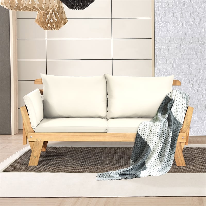 Pemberly Row Patio Convertible Sofa Daybed Wood Adjustable Furniture in White