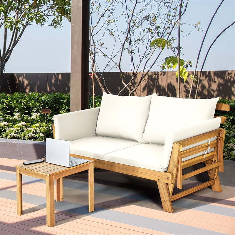 Pemberly Row Patio Convertible Sofa Daybed Wood Adjustable Furniture in White