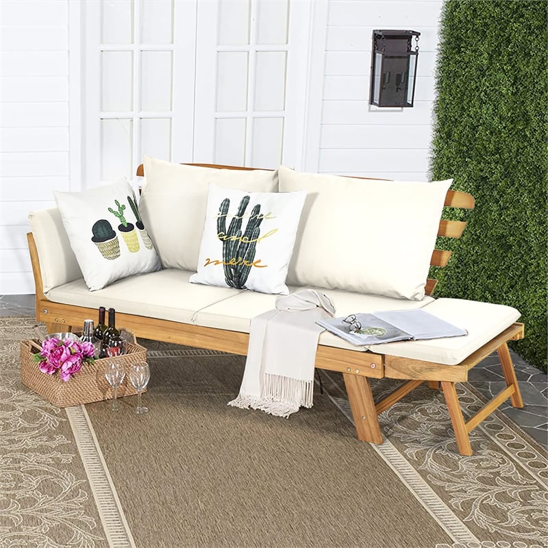 Pemberly Row Patio Convertible Sofa Daybed Wood Adjustable Furniture in White