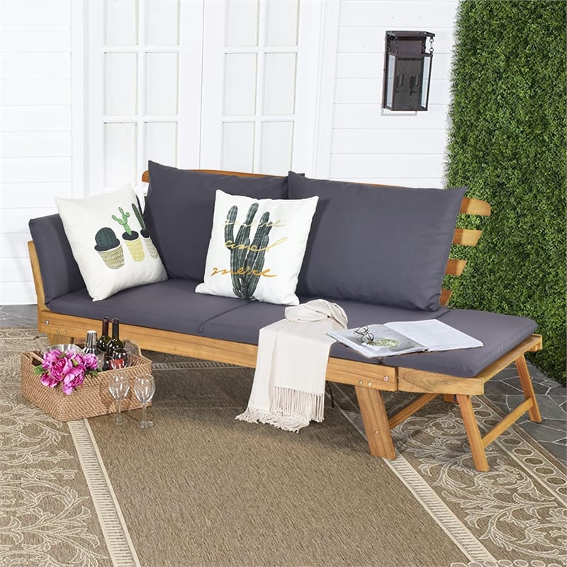 Pemberly Row Patio Convertible Sofa Daybed Wood Adjustable Furniture in Gray