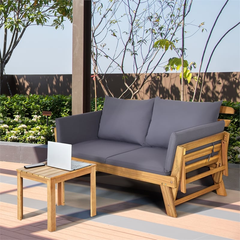 Pemberly Row Patio Convertible Sofa Daybed Wood Adjustable Furniture in Gray