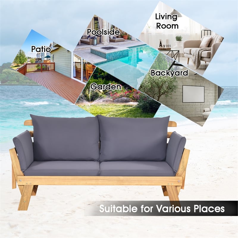 Pemberly Row Patio Convertible Sofa Daybed Wood Adjustable Furniture in Gray