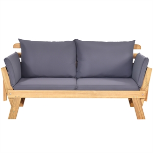 Pemberly Row Patio Convertible Sofa Daybed Wood Adjustable Furniture in Gray