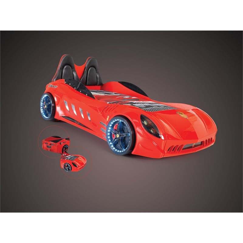 Pemberly Row Modern Wood Shark Twin Race Car Bed with Remote Control in Red