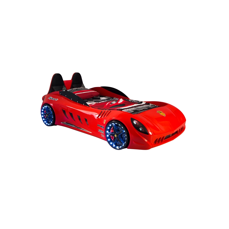 Pemberly Row Modern Wood Shark Twin Race Car Bed with Remote Control in Red