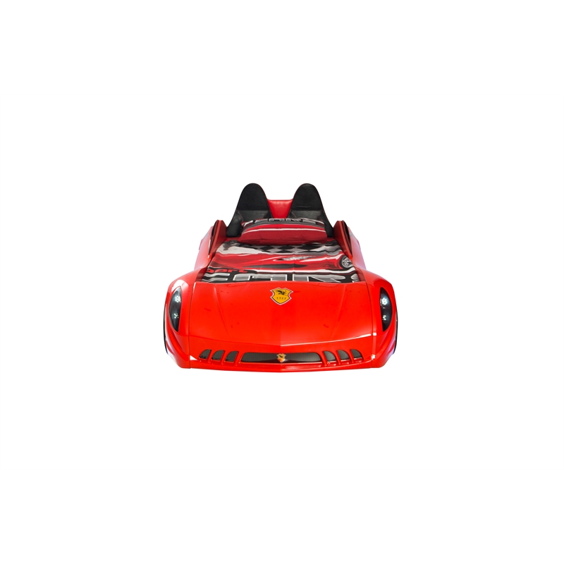 Pemberly Row Modern Wood Shark Twin Race Car Bed with Remote Control in Red