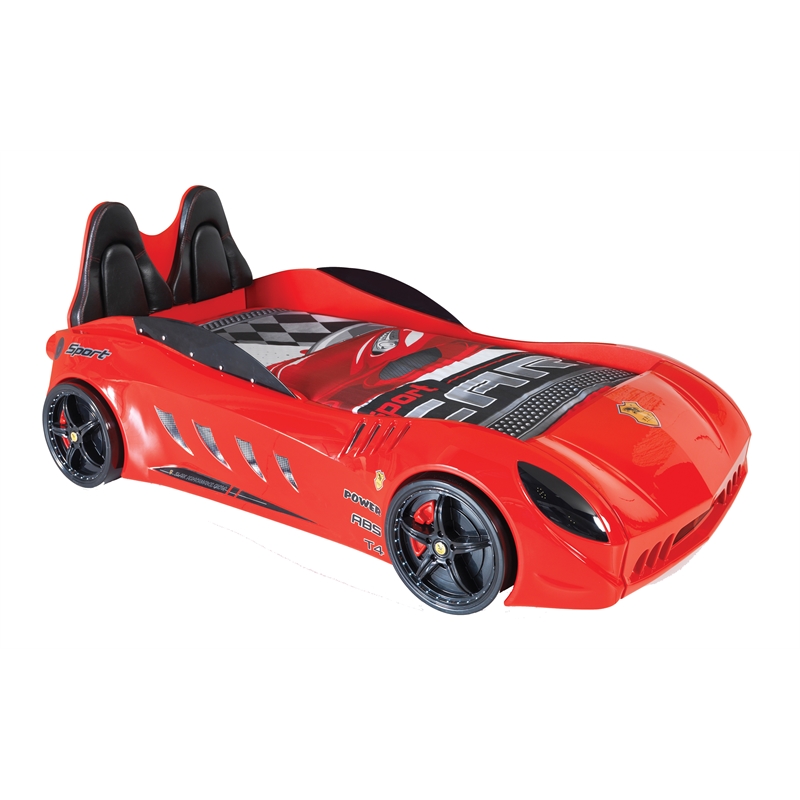 Pemberly Row Modern Wood Shark Twin Race Car Bed with Remote Control in Red