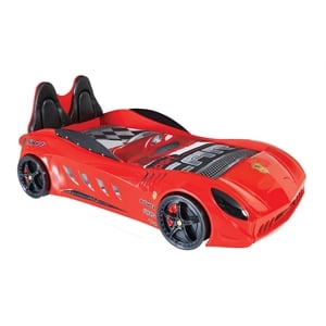 Pemberly Row Modern Wood Shark Twin Race Car Bed with Remote Control in Red