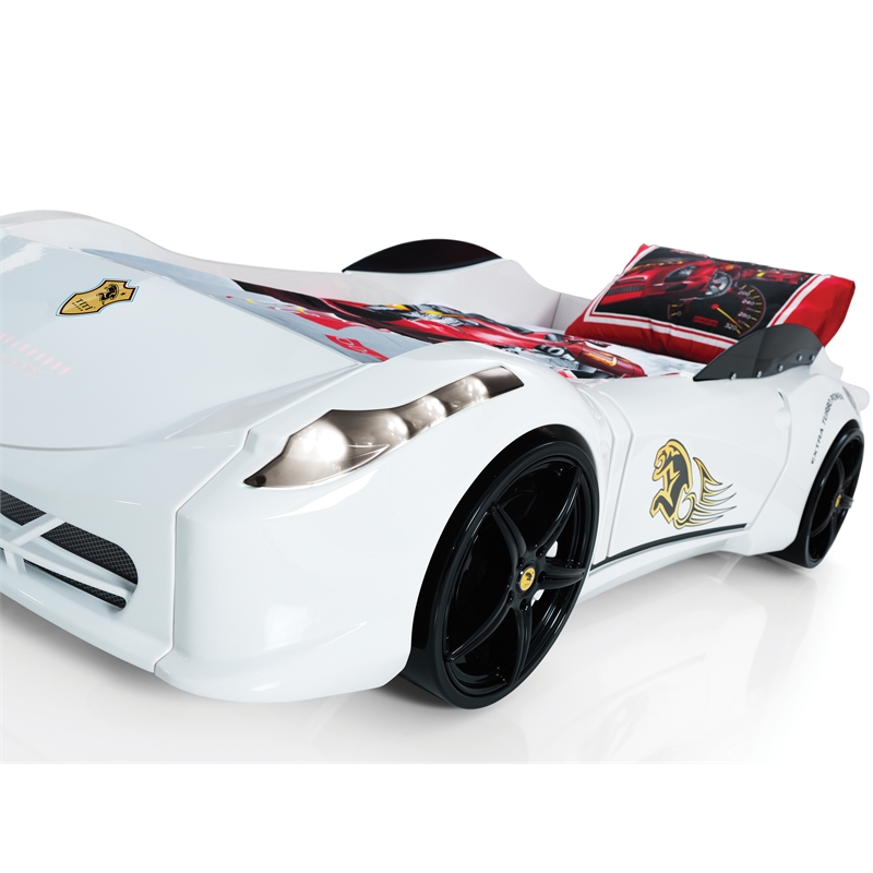 Pemberly Row Modern Wood Twin Race Car Bed with Remote Control in White