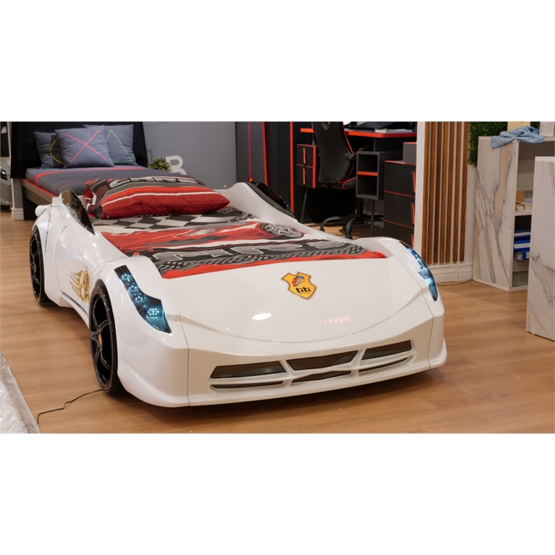 Pemberly Row Modern Wood Twin Race Car Bed with Remote Control in White