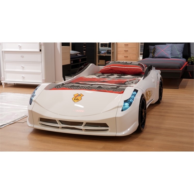 Pemberly Row Modern Wood Twin Race Car Bed with Remote Control in White
