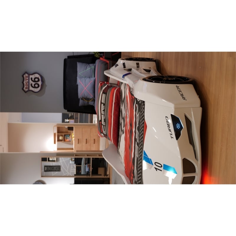 Pemberly Row Modern Wood Twin Race Car Bed with Remote Control in White