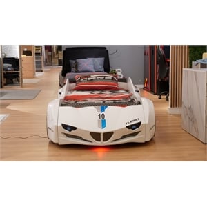 Pemberly Row Modern Wood Twin Race Car Bed with Remote Control in White