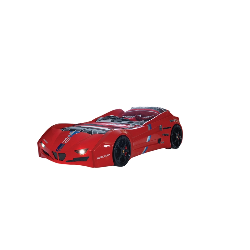 Pemberly Row Modern Wood Twin Race Car Bed with Remote Control in Red