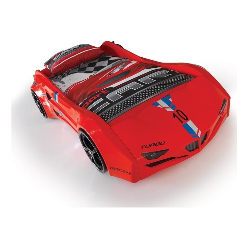 Pemberly Row Modern Wood Twin Race Car Bed with Remote Control in Red