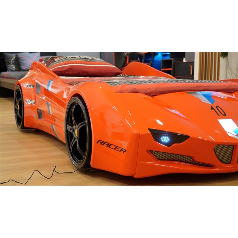 Pemberly Row Modern Wood Twin Race Car Bed with Remote Control in Red
