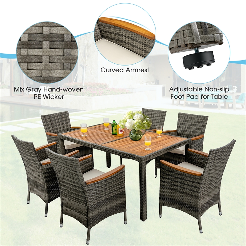 Pemberly Row 7PCS Patio Rattan Dining Set Acacia Wood Table Cushioned Chair-Gray