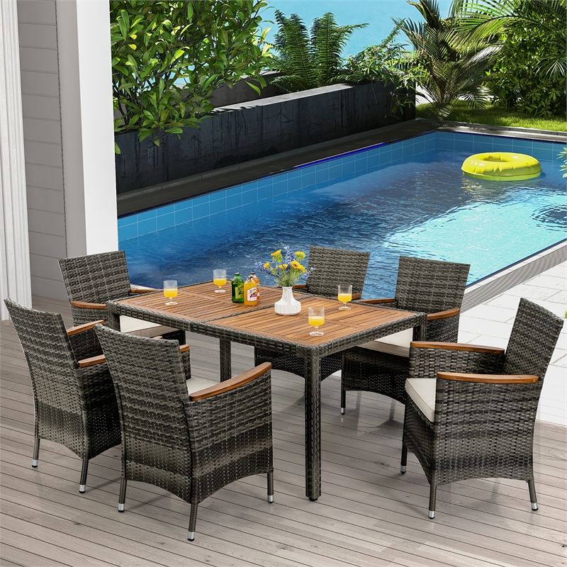 Pemberly Row 7PCS Patio Rattan Dining Set Acacia Wood Table Cushioned Chair-Gray