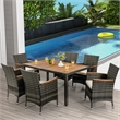 Pemberly Row 7PCS Patio Rattan Dining Set Acacia Wood Table Cushioned Chair-Gray