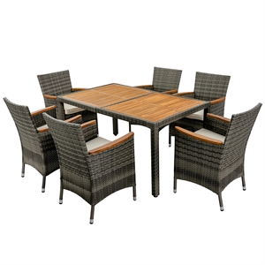 Pemberly Row 7PCS Patio Rattan Dining Set Acacia Wood Table Cushioned Chair-Gray