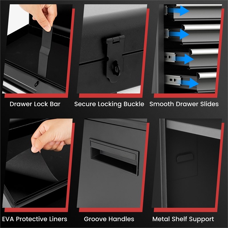 Pemberly Row 5-Drawer Rolling Tool Chest Cabinet Metal Tool Storage Box in Black
