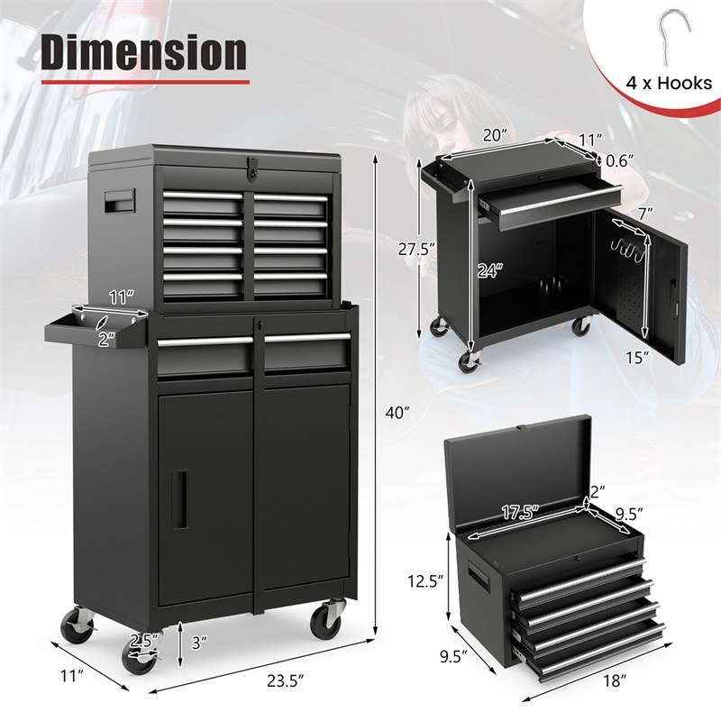 Pemberly Row 5-Drawer Rolling Tool Chest Cabinet Metal Tool Storage Box in Black
