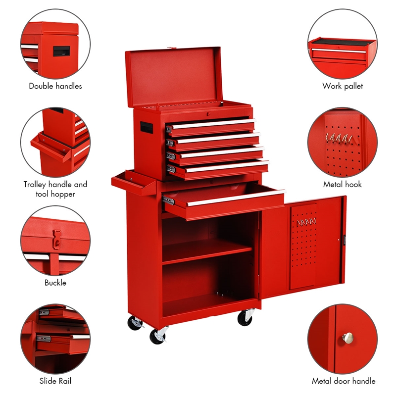 Pemberly Row 5-Drawer Rolling Tool Chest Cabinet Metal Tool Storage Box in Red